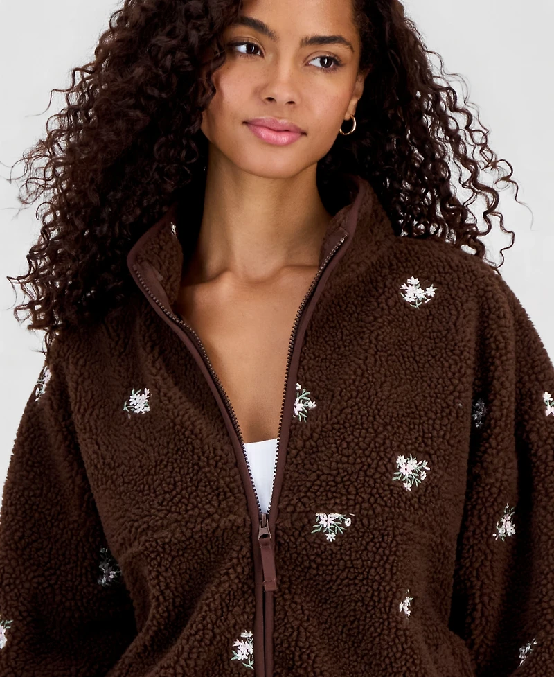 Planet Gold Juniors' Floral Embroidered Zip-Front Fleece Jacket