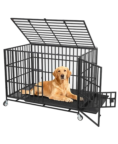 Gaomon Heavy Duty Escape-Proof Metal Dog Crate for Dogs Steel Kennel with 3 Doors, Double Lock, Removable Tray Locking Wheels, Indoor Cage