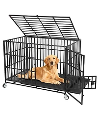 Gaomon Heavy Duty Escape-Proof Metal Dog Crate for Dogs Steel Kennel with 3 Doors, Double Lock, Removable Tray Locking Wheels, Indoor Cage