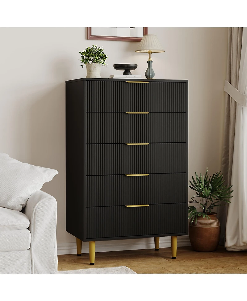 homfan Modern Fluted 5-Drawer Dresser with Gold Handles and Metal Feet for Bedroom, Living Room, Entryway, Nursery