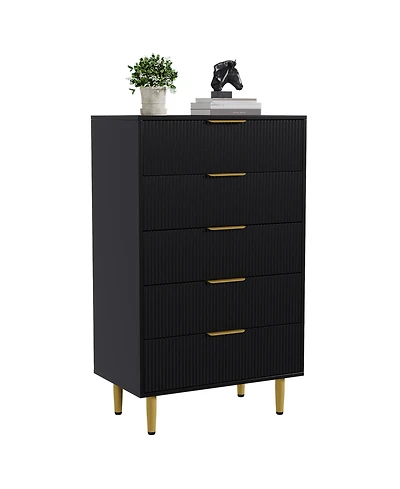 homfan Modern Fluted 5-Drawer Dresser with Gold Handles and Metal Feet for Bedroom, Living Room, Entryway, Nursery