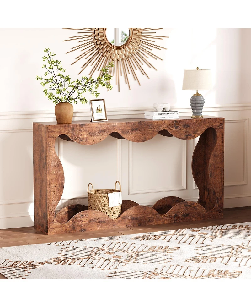 homfan Scalloped Console Table, Farmhouse Narrow Sofa Table with Storage for Entryway, Living Room