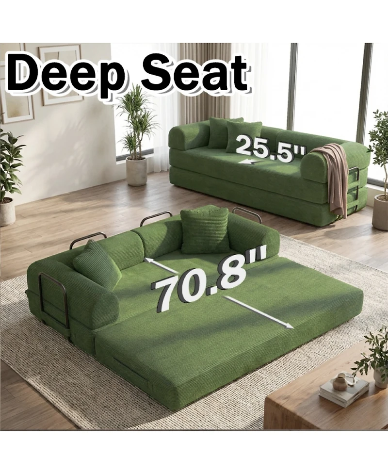 Clihome Coffee Convertible Sofa Bed, 2-in-1 Foldable Futon with Removable Pillows, Velvet Corduroy Living Room