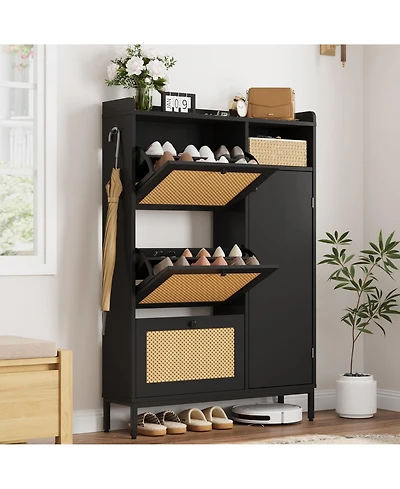 homfan 35'' Rattan Shoe Cabinet with 3 Flip Drawers, Entryway Storage Cabinet, Freestanding Organizer Narrow Rack