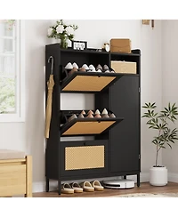 homfan 35'' Rattan Shoe Cabinet with 3 Flip Drawers, Entryway Storage Cabinet, Freestanding Organizer Narrow Rack