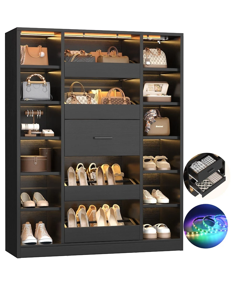 Aheaplus Wooden Shoes Cabinet with Led Lights, Freestanding Closet Organizer Drawer and Shelves