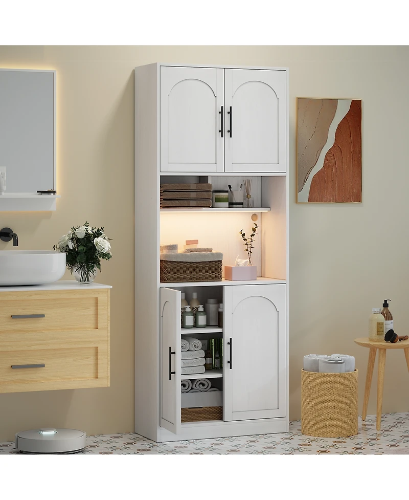 homfan 71" Tall Pantry Cabinet with Led Lights – Modern Kitchen Storage Hutch – Microwave Shelf – Adjustable Shelves – for Dining, Living Room