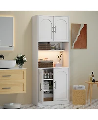 homfan 71" Tall Pantry Cabinet with Led Lights – Modern Kitchen Storage Hutch – Microwave Shelf – Adjustable Shelves – for Dining, Living Room
