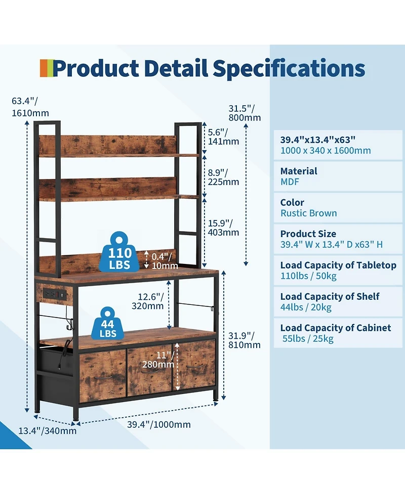 gaomon 63.4" Bakers Rack with Charging Station, 5-Tier Microwave Stand with Storage Cabinet, 10 Hooks, for Kitchen Living Room