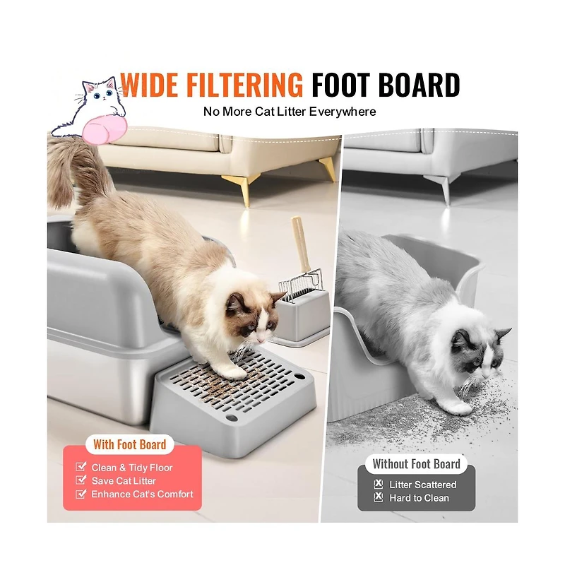 Ruie Stainless Steel Cat Litter Box Xl 6 In Deep With Scoop Filter Foot Board