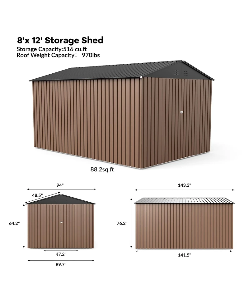 Homfan 8 x 12 Ft Galvanized Steel Outdoor Storage Shed Tool Room, Heavy Duty Garden Tool House with Vents and T-Handle Lock