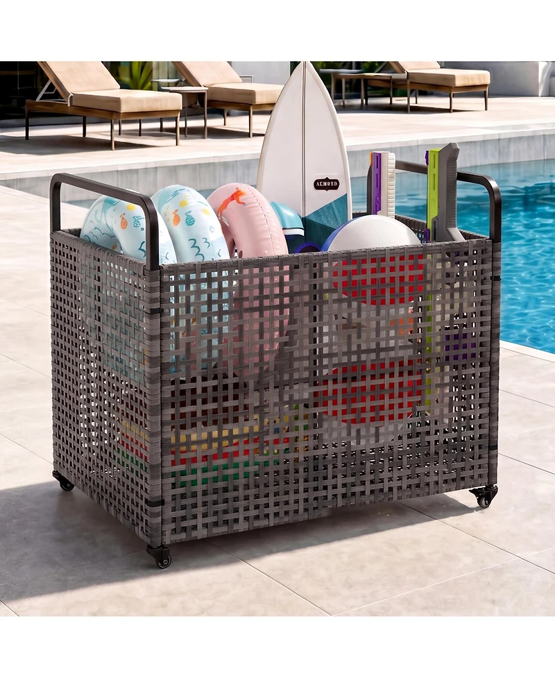 homfan Outdoor Poolside Storage Bin with Wheels, Mesh Sides, and 2 Handles for Floats, Noodles, Toys, Balls