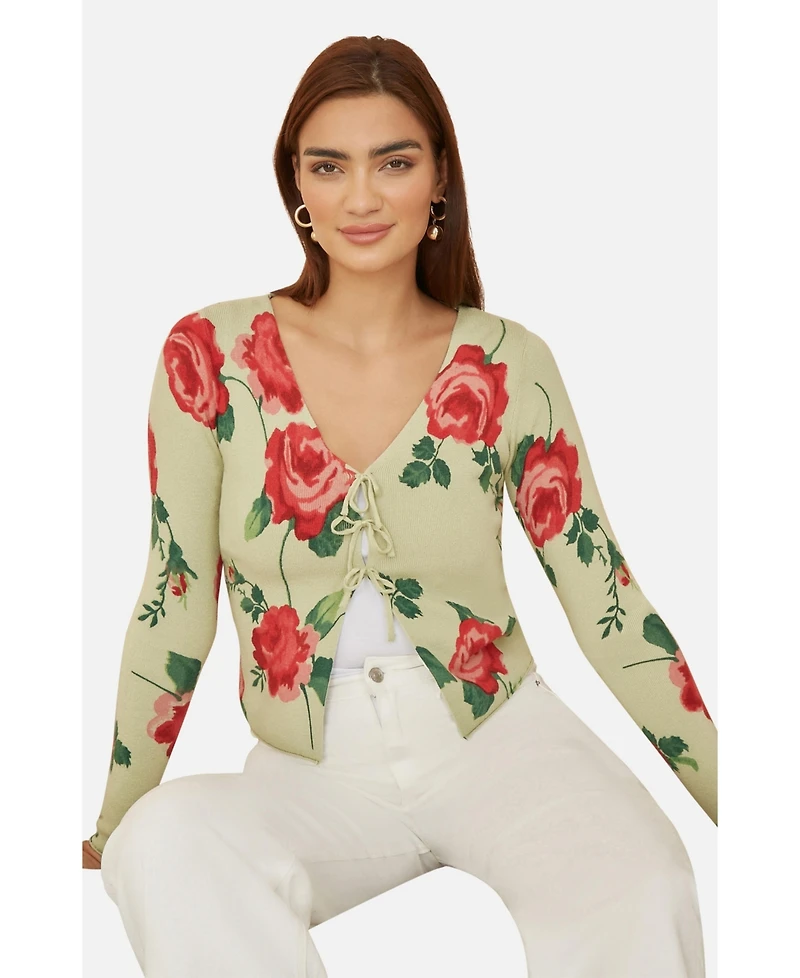 Yumi Women's Long Sleeve V-Neck Tie Front Cardigan