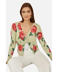Yumi Women's Long Sleeve V-Neck Tie Front Cardigan