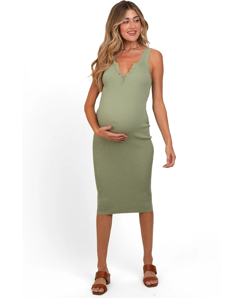 Pinkblush Maternity Light Olive Ribbed Fitted Sleeveless Snap Button Dress