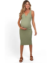 Pinkblush Maternity Light Olive Ribbed Fitted Sleeveless Snap Button Dress