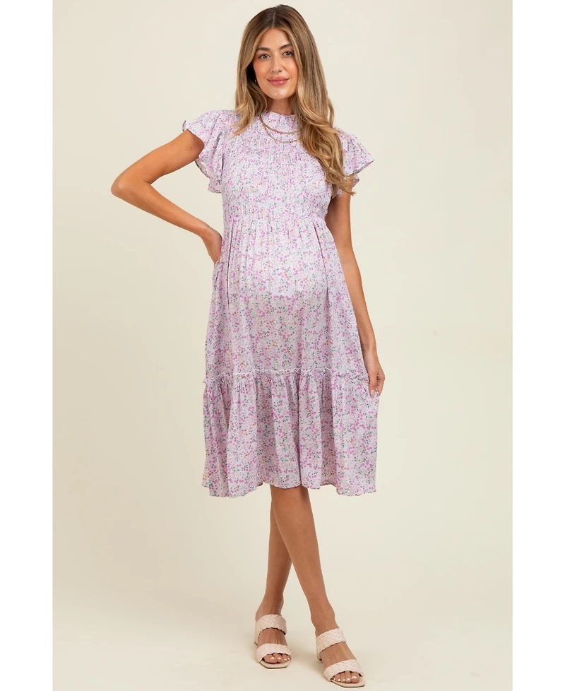 Pinkblush Maternity Pink Floral Mock Neck Smocked Ruffe Sleeve Midi Dress