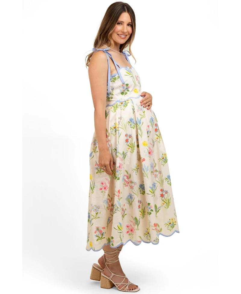 Pinkblush Maternity Cream Floral Shoulder Tie Scallop Trim Midi Dress