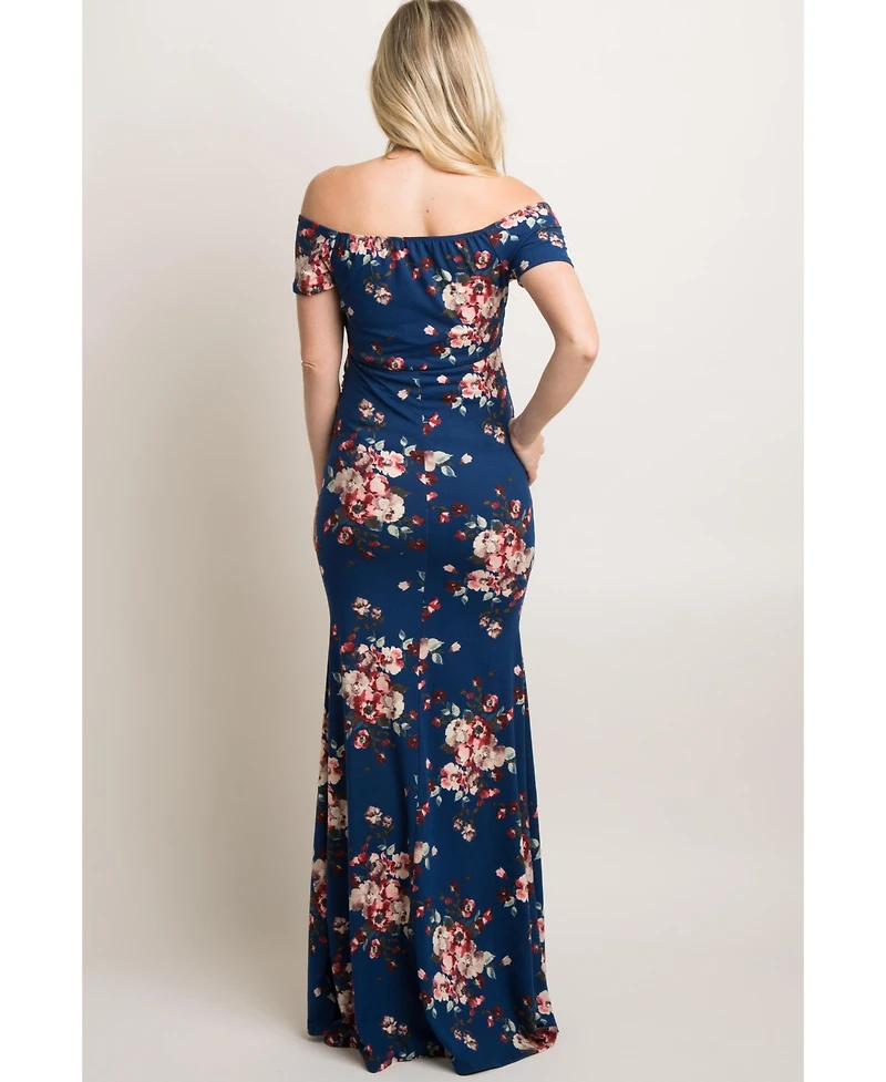 Pinkblush Maternity Navy Floral Off Shoulder Wrap Photoshoot Gown/Dress