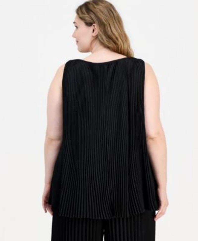 Anne Klein Plus Size Round Neck Sleeveless Pleated Top Pull On Pleated Pants