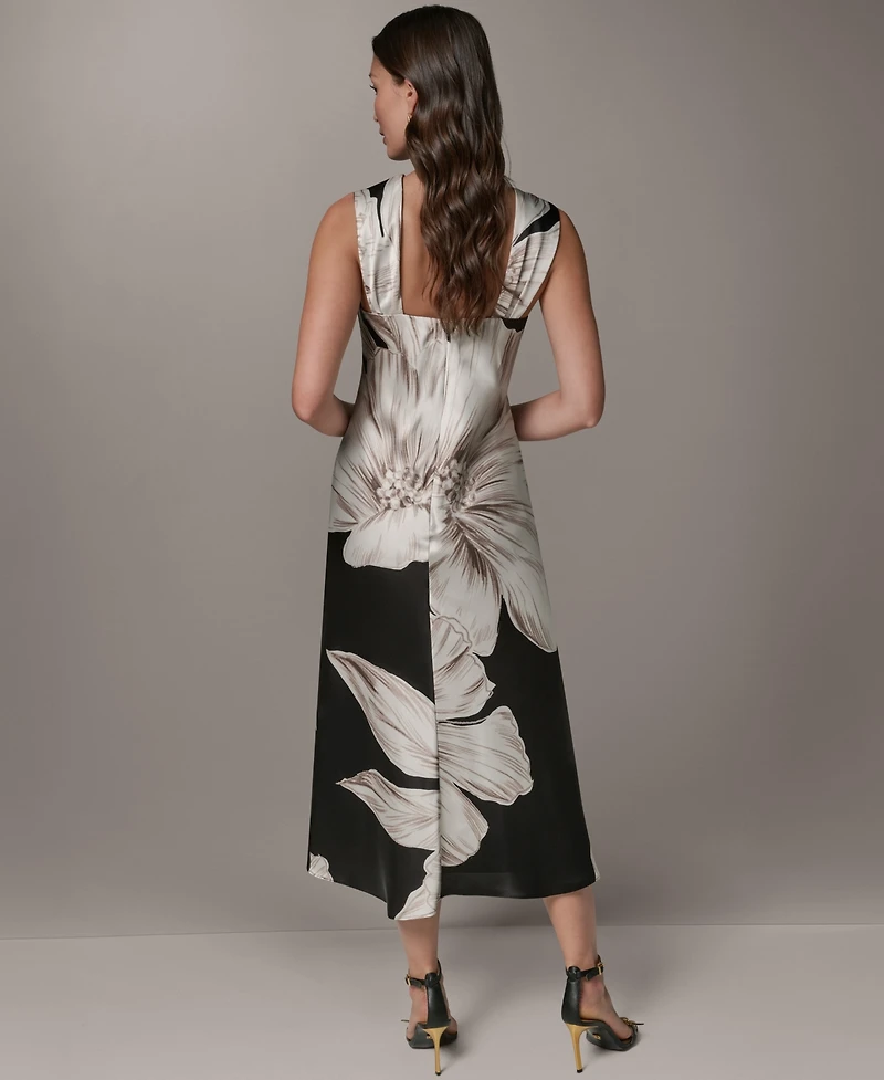 Donna Karan New York Women's Sleeveless Asymmetrical Neck Floral Midi Dress