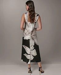 Donna Karan New York Women's Sleeveless Asymmetrical Neck Floral Midi Dress
