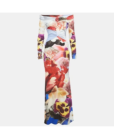 Pre-Owned Roberto Cavalli Women's Multicolor Floral Printed Jersey Off Shoulder Dress