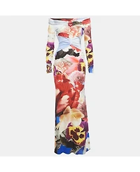 Pre-Owned Roberto Cavalli Women's Multicolor Floral Printed Jersey Off Shoulder Dress