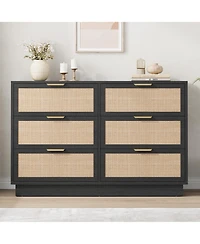 homfan 6-Drawer Rattan Dresser with Integrated Legs, 47" Wide Boho Chest for Bedroom Hallway Entryway Closet