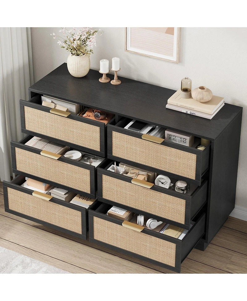 homfan 6-Drawer Rattan Dresser with Integrated Legs, 47" Wide Boho Chest for Bedroom Hallway Entryway Closet