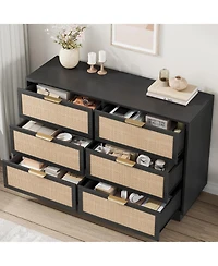 homfan 6-Drawer Rattan Dresser with Integrated Legs, 47" Wide Boho Chest for Bedroom Hallway Entryway Closet