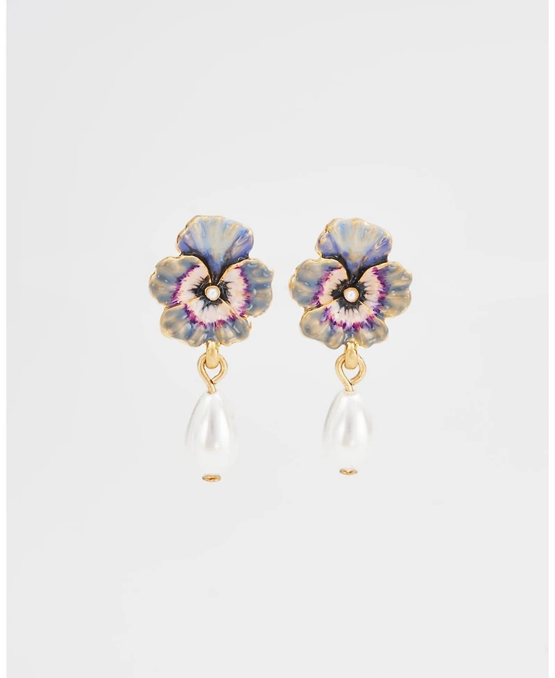 Fable England Gold Pansy and Pearl Drop Stud Earrings