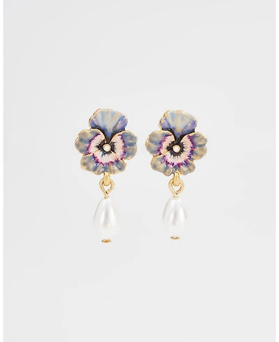 Fable England Gold Pansy and Pearl Drop Stud Earrings