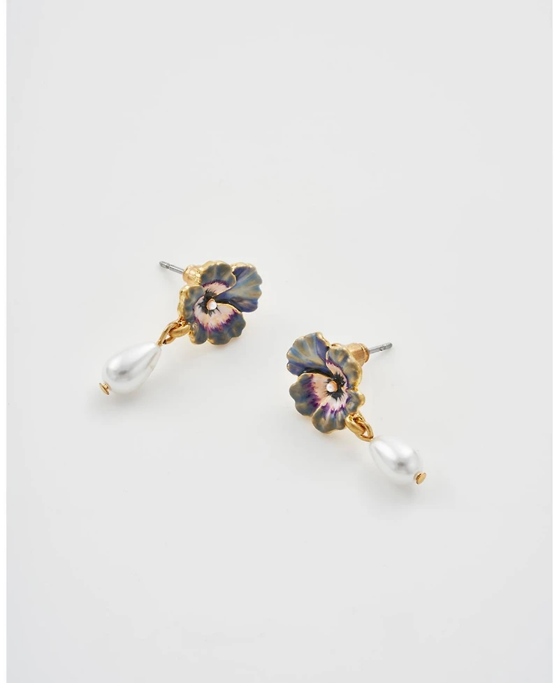 Fable England Gold Pansy and Pearl Drop Stud Earrings