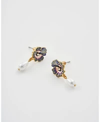Fable England Gold Pansy and Pearl Drop Stud Earrings