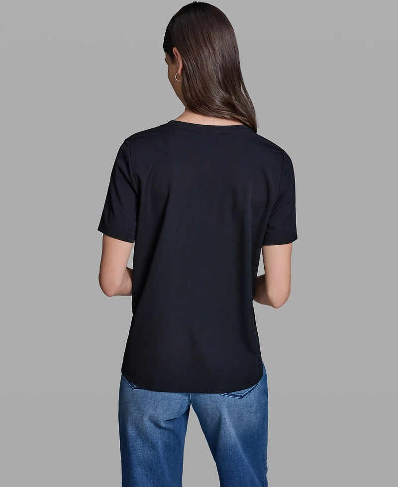 Karl Lagerfeld Paris Women's Short-Sleeve Mix-Media Printed Knit Top