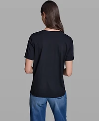 Karl Lagerfeld Paris Women's Short-Sleeve Mix-Media Printed Knit Top