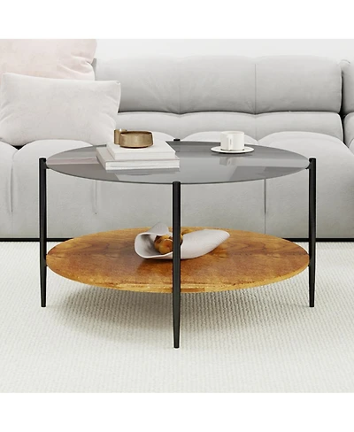 Streamdale Furniture Mid-Century Modern Round Glass Coffee Table with Storage Shelf, 32.28