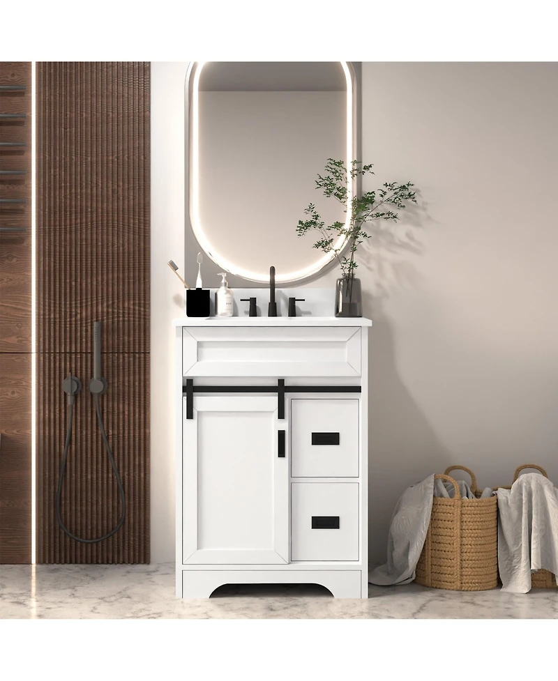 Phying 24 Inch Farmhouse Bathroom Vanity Freestanding Single Undermount Sink Cabinet with Sliding Barn Doors and 2 Drawers