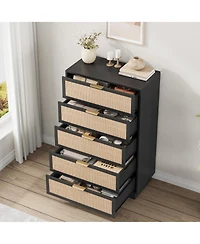 homfan 5-Drawer Tall Rattan Dresser with Integrated Legs, 47" Boho Chest for Bedroom Hallway Entryway Closet