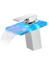Phying Bathroom Sink Faucet Led Light 3 Colors Changing Waterfall Glass Spout Hot Cold Water Mixer Single Handle One Hole Deck Mounted Bathroom Faucet
