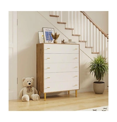homfan 5-Drawer Tall Wood Rustic Chest of Drawers with Bar Handles, Vintage Dresser for Bedroom Living Room Hallway