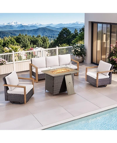 Pocassy 4 Pieces Patio Furniture Set with Propane Fire Pit Table, Deep Seating Wicker Sofa Couch Swivel Glider Chairs Conversation
