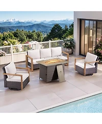 Pocassy 4 Pieces Patio Furniture Set with Propane Fire Pit Table, Deep Seating Wicker Sofa Couch Swivel Glider Chairs Conversation