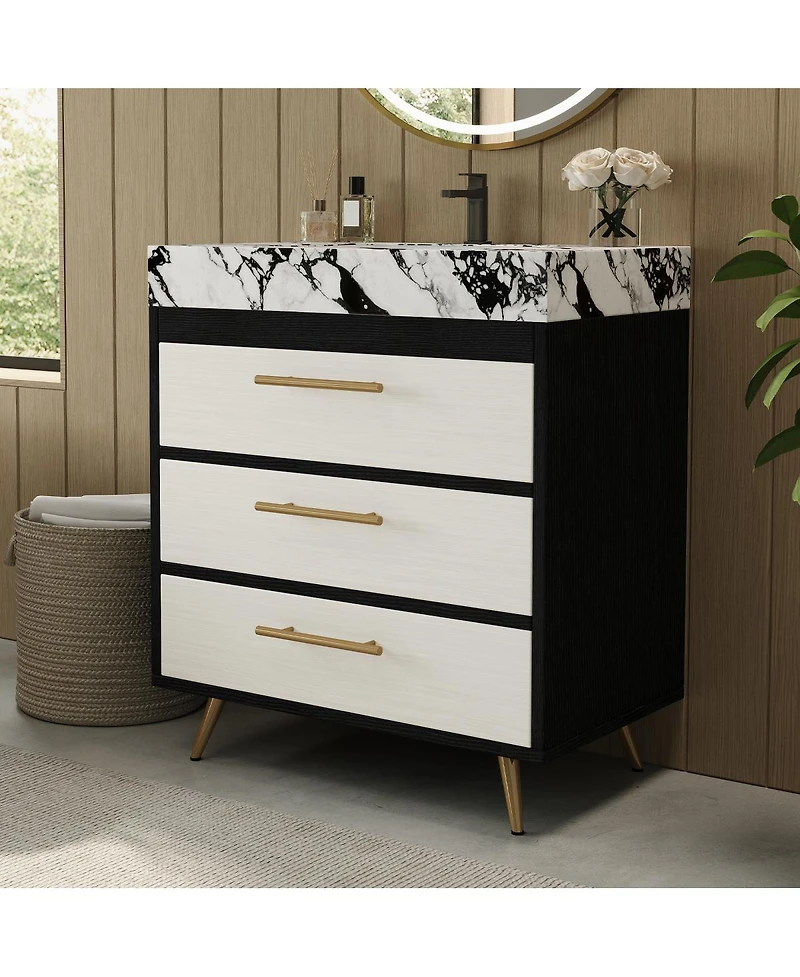 Sillysis Freestanding Bathroom Vanity with Sintered Stone Top, Ceramic Sink, Soft-Close Drawers, Modern Storage Cabinet-Sillysis