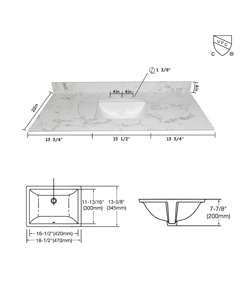 Sillysis 31/37/43 Inch Carrara Marble Stone Vanity Top with Ceramic Undermount Sink and Backsplash, Polished Surface for Vanity Cabinet