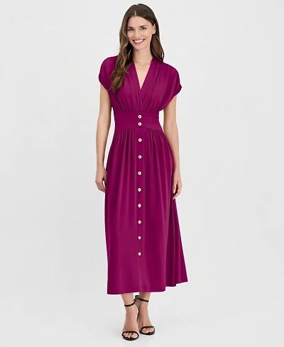 Anne Klein Women's V-Neck Ruched-Shoulder Jersey Dress