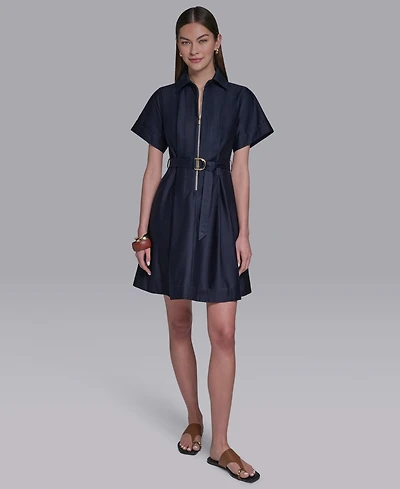 Halston Women's Collared Zip-Front Midi Shirt Dress