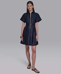 Halston Women's Collared Zip-Front Midi Shirt Dress