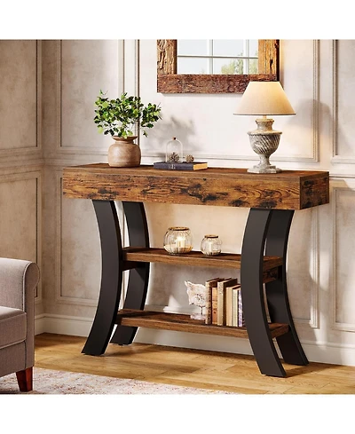 Tribesigns 41" Console Table, 3-Tier Narrow Rustic Sofa Table with Storage Shelves and Curved Frame for Living Room, Entry, Hallway, Foyer